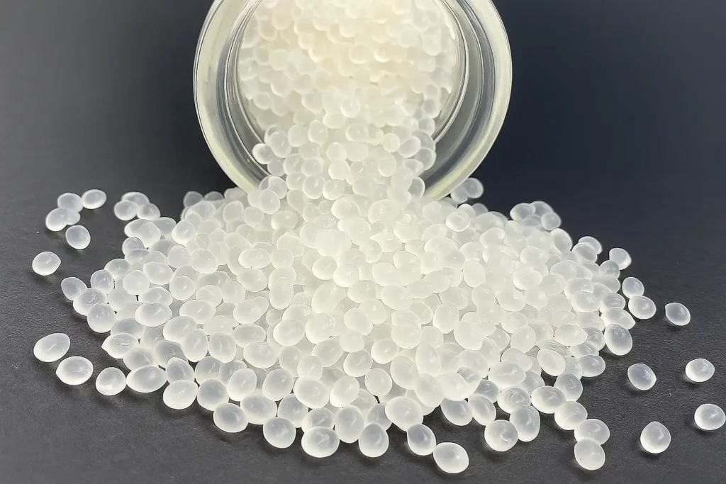 Plastic manufacturing pellets spilled from transparent container